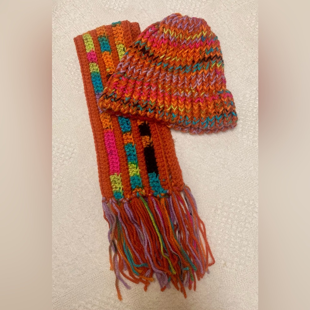 Colorful Hand Knit Hat and Scarf Set for Kids